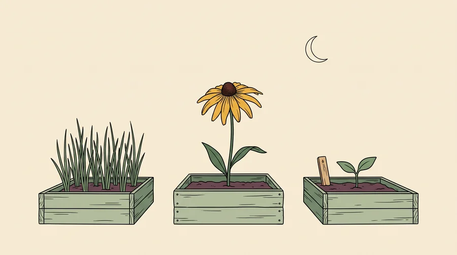 Three growers' garden planters side by side under a crescent moon