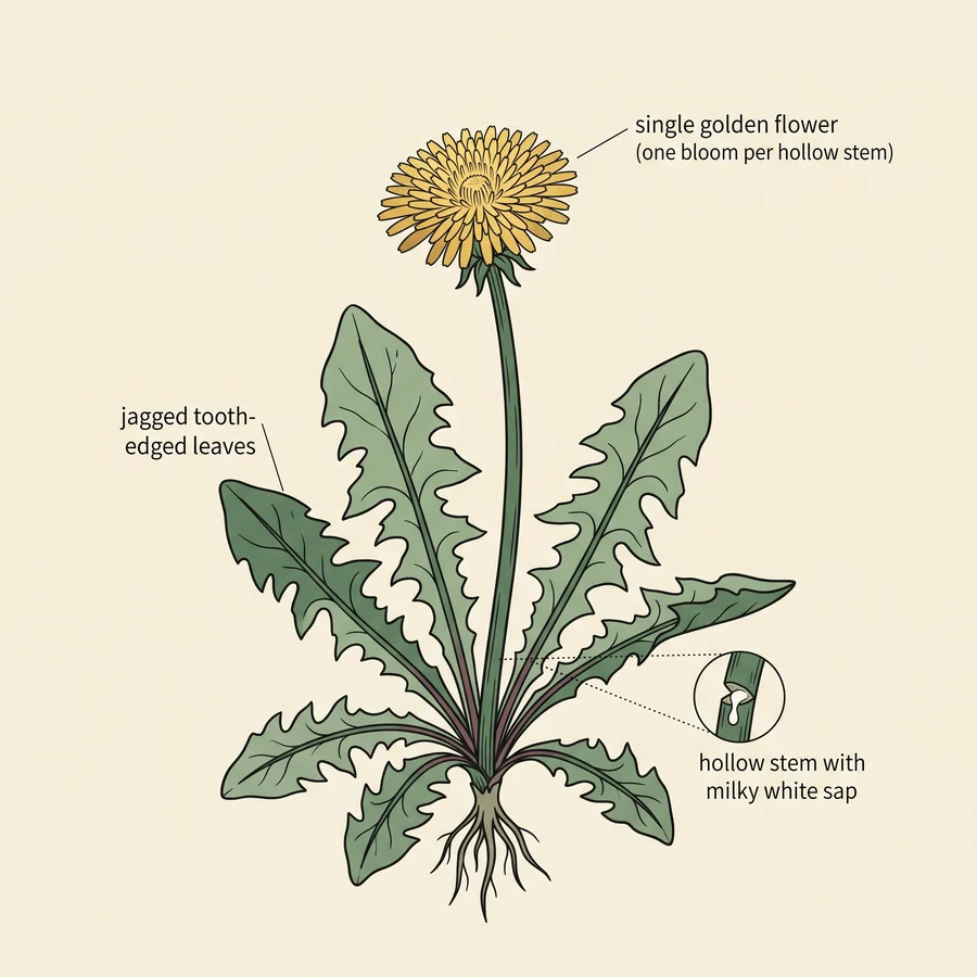 Labeled illustration of a dandelion showing its edible leaves, flower and taproot