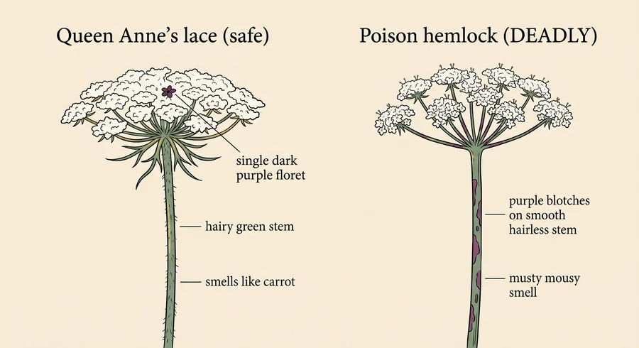 Side-by-side illustration comparing poison hemlock with the edible Queen Anne's lace look-alike