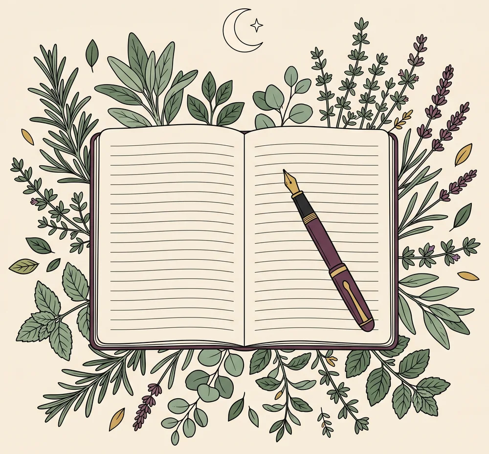 An open garden journal with a pressed leaf and handwriting