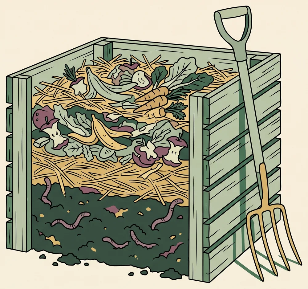 Cross-section of a compost bin with layers of greens and browns breaking down into finished compost