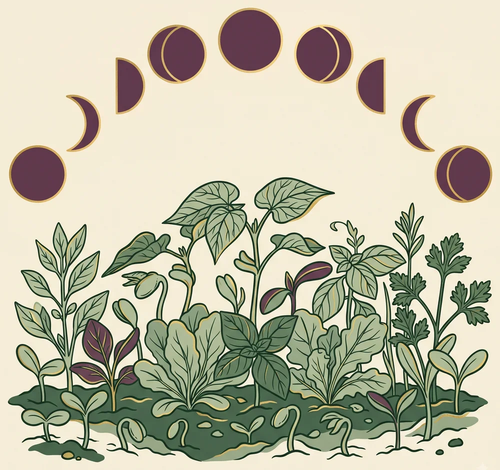 The moon phases in an arc, showing the waxing half favors leafy growth and the waning half favors roots