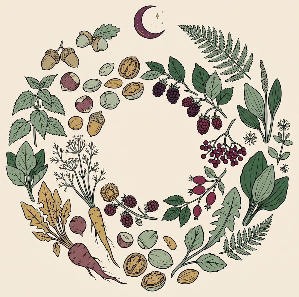 A harvest basket of calorie-dense storage crops: winter squash, potatoes, beans and grain