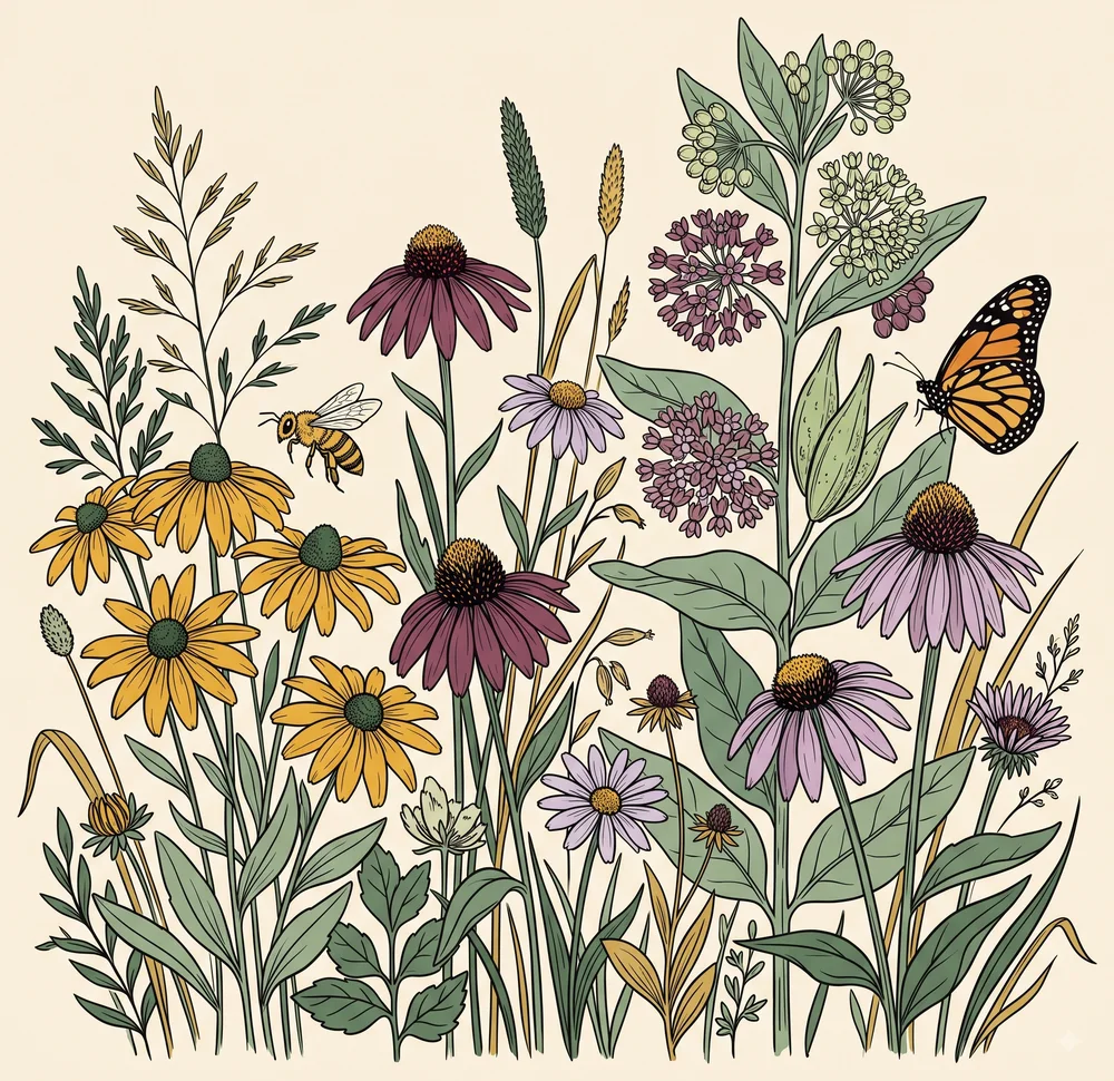 Native coneflowers with a monarch butterfly and a bee, showing pollinator habitat