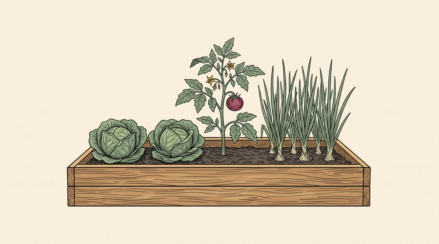 A raised garden bed with leafy greens, a tomato plant and root crops