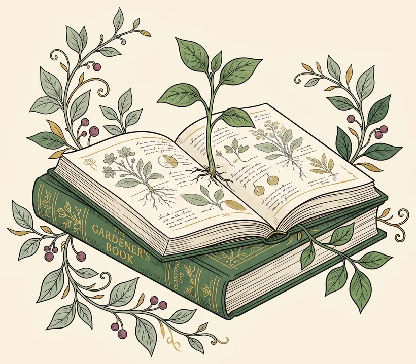 An open book with a young plant sprouting from its pages