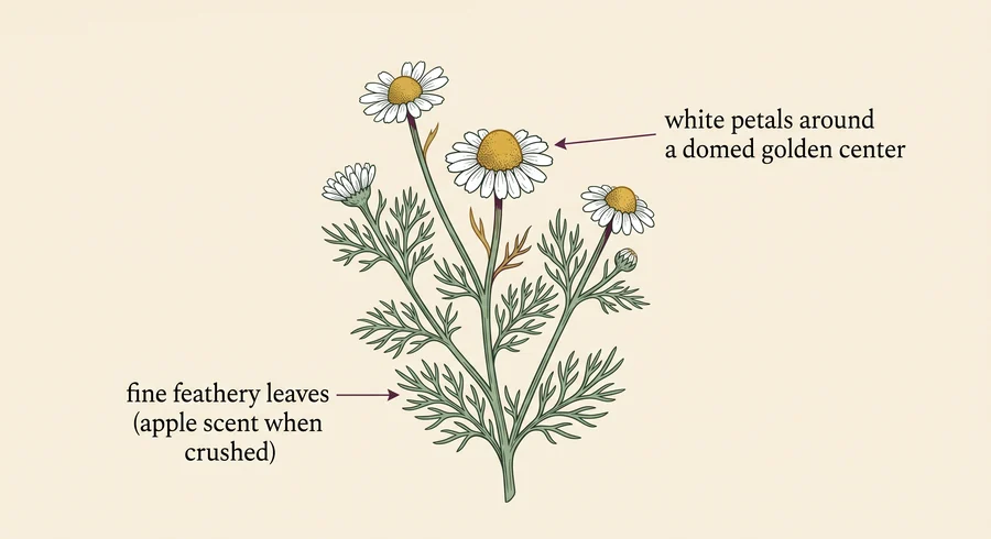 Labeled botanical illustration of a chamomile plant with its daisy-like flowers
