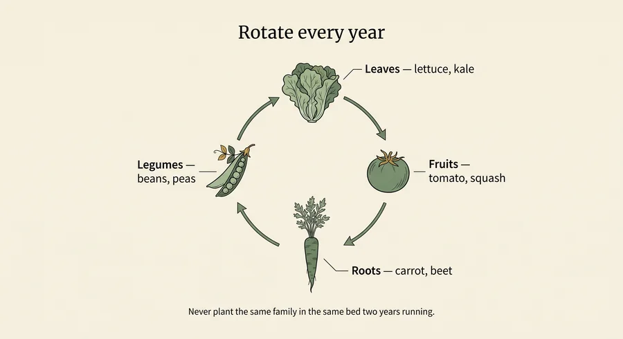 A four-part crop rotation cycle: leaves, fruits, roots and legumes, moved one bed each year