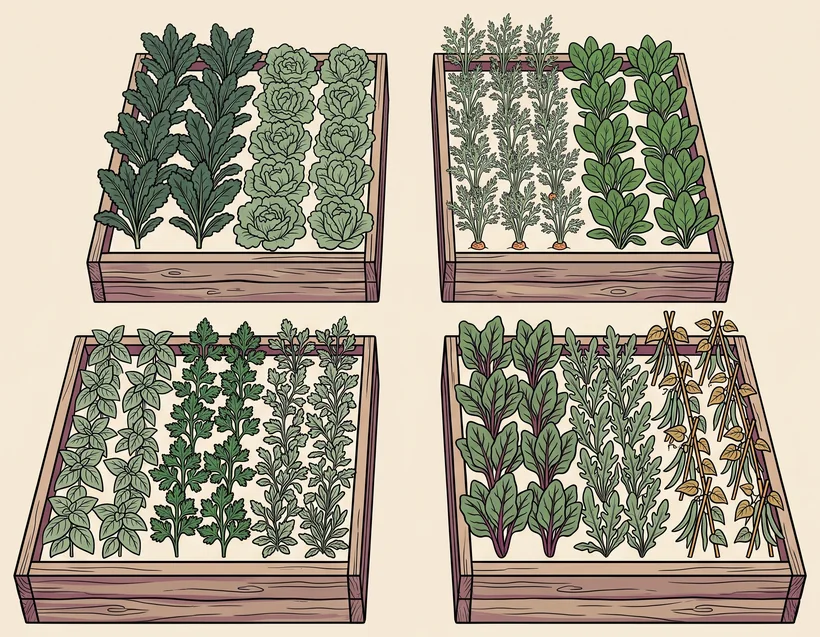 An overhead view of raised garden beds with rows of different crops