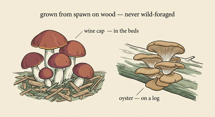 Illustration of cultivated mushrooms (wine cap and oyster) growing from a wood-chip and log substrate