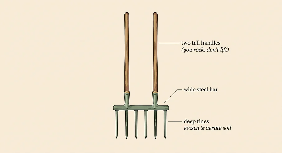 Illustration of a broadfork, a hand tool for loosening soil without turning it