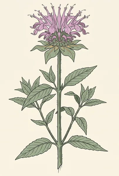 Botanical illustration of wild bergamot, also called bee balm